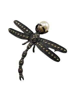 Antique Sterling 925 & Marcasite Dragonfly Brooch (A9161)